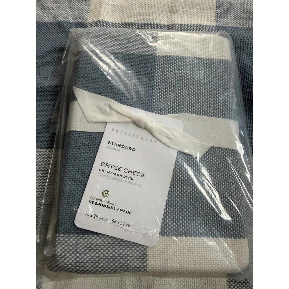 Pottery Barn Bryce Check Standard Sham Set 2 Chambray Blue White Cotton NEW